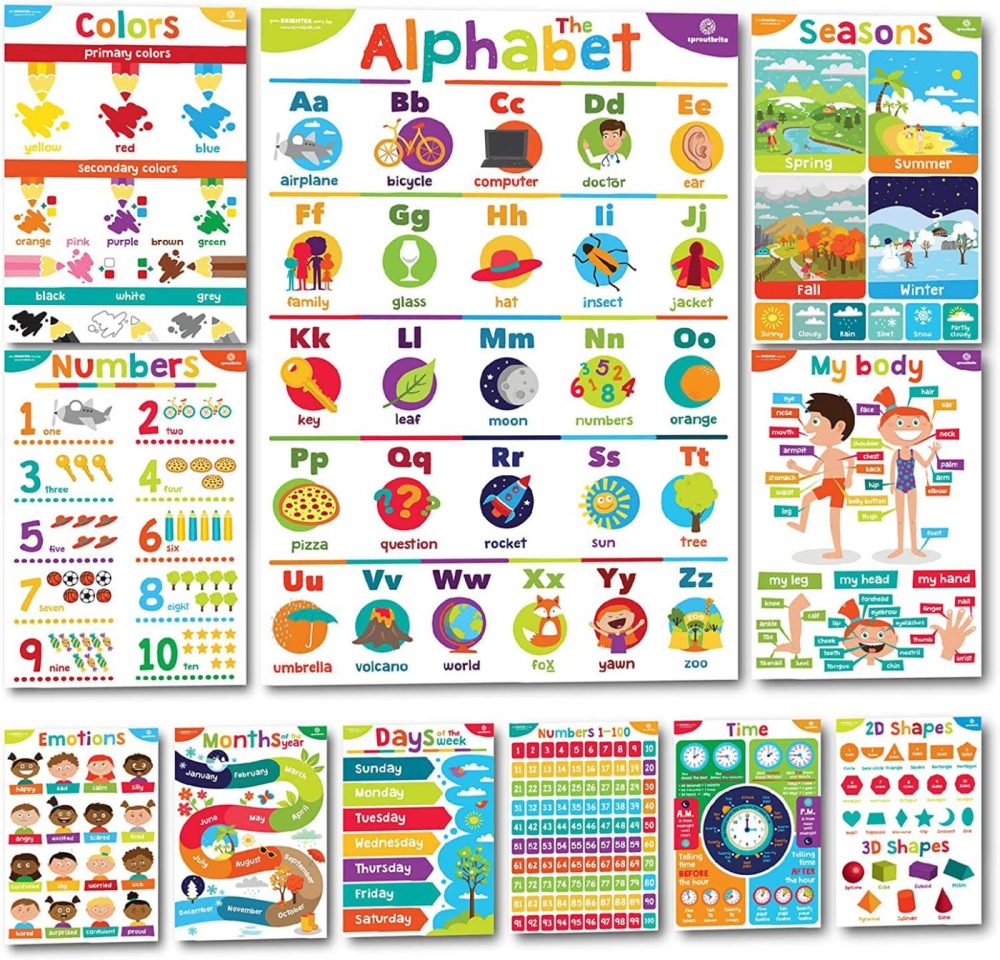 Education & Crafts |  Sproutbrite Educational Posters For Toddlers – Classroom Decorations – Kindergarten Homeschool Supplies Materials – Preschool Learning Decor – Abc Poster – 11 Charts For Distance Learning Education & Crafts Education & Crafts