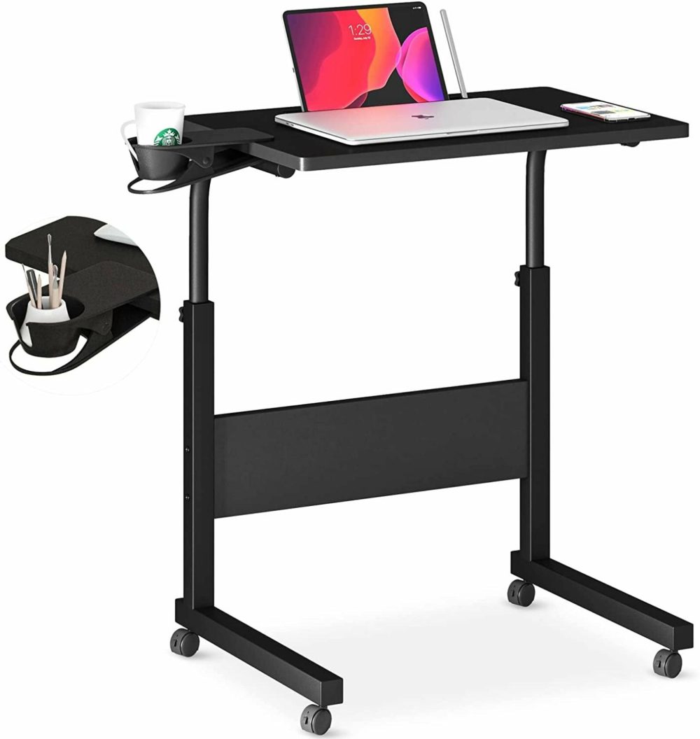 Education & Crafts |  Standing Desk Adjustable Height, Stand Up Desk With Cup Holder, Portable Laptop Desk, Mobile Standing Desk, Small Computer Desk, Bedside Table, Black Rolling Desk, Work Desk For Home Office Education & Crafts black