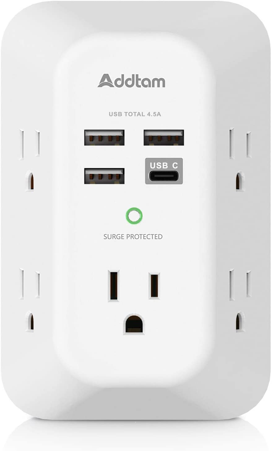 Education & Crafts |  Usb Wall Charger Surge Protector 5 Outlet Extender With 4 Usb Charging Ports ( 1 Usb C Outlet) 3 Sided 1800J Power Strip Multi Plug Outlets Wall Adapter Spaced For Home Travel Office Etl Listed Education & Crafts Addtam