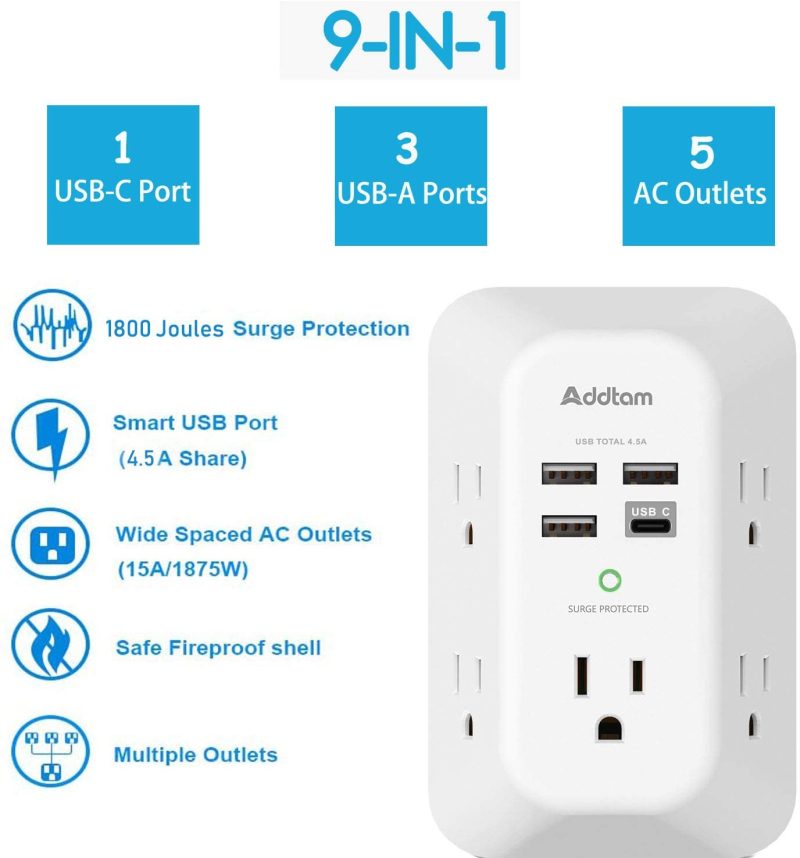 Education & Crafts |  Usb Wall Charger Surge Protector 5 Outlet Extender With 4 Usb Charging Ports ( 1 Usb C Outlet) 3 Sided 1800J Power Strip Multi Plug Outlets Wall Adapter Spaced For Home Travel Office Etl Listed Education & Crafts Addtam