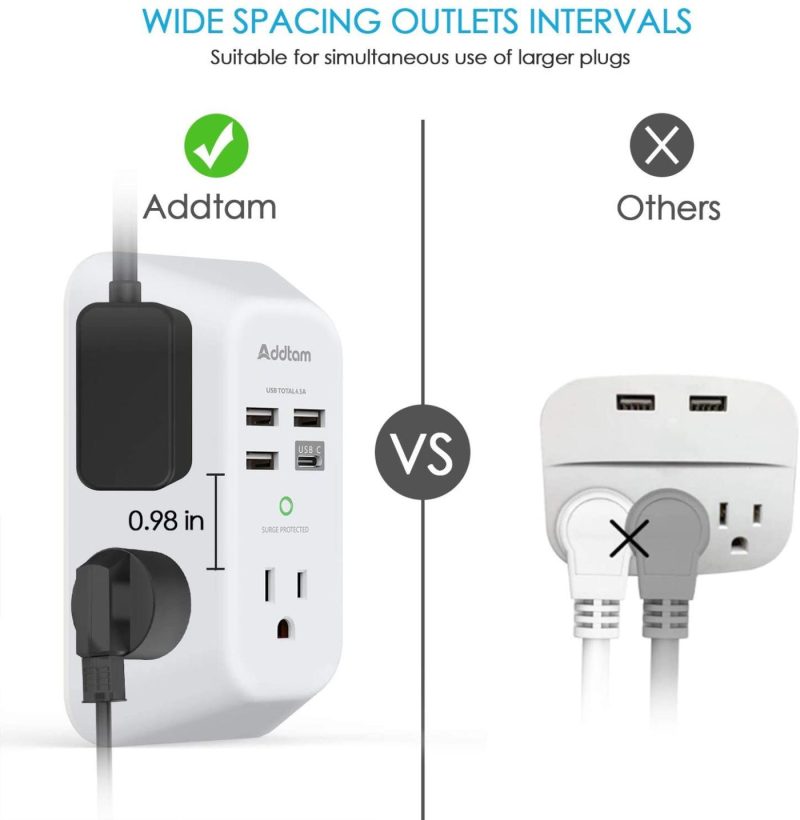 Education & Crafts |  Usb Wall Charger Surge Protector 5 Outlet Extender With 4 Usb Charging Ports ( 1 Usb C Outlet) 3 Sided 1800J Power Strip Multi Plug Outlets Wall Adapter Spaced For Home Travel Office Etl Listed Education & Crafts Addtam