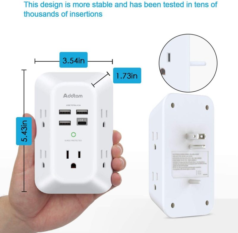 Education & Crafts |  Usb Wall Charger Surge Protector 5 Outlet Extender With 4 Usb Charging Ports ( 1 Usb C Outlet) 3 Sided 1800J Power Strip Multi Plug Outlets Wall Adapter Spaced For Home Travel Office Etl Listed Education & Crafts Addtam