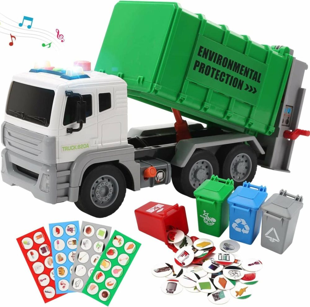 Education & Crafts |  12" Garbage Truck Toys Trash Truck Recycle Truck With Sound And Light, Friction Powered Truck With 4 Garbage Cans, Push And Go Pull Back Car, Environmental Education Toys, Birthday Gift For Boys Education & Crafts CUTE STONE