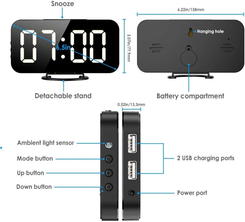 Education & Crafts |  Digital Alarm Clock, Newest Version 6.5" Large Mirror Surface Led Clocks With Dual Usb Charger Ports, Auto/Custom Brightness, 12/24H Display With Snooze Function For Bedroom Home Office (Black-White) Education & Crafts AMIR