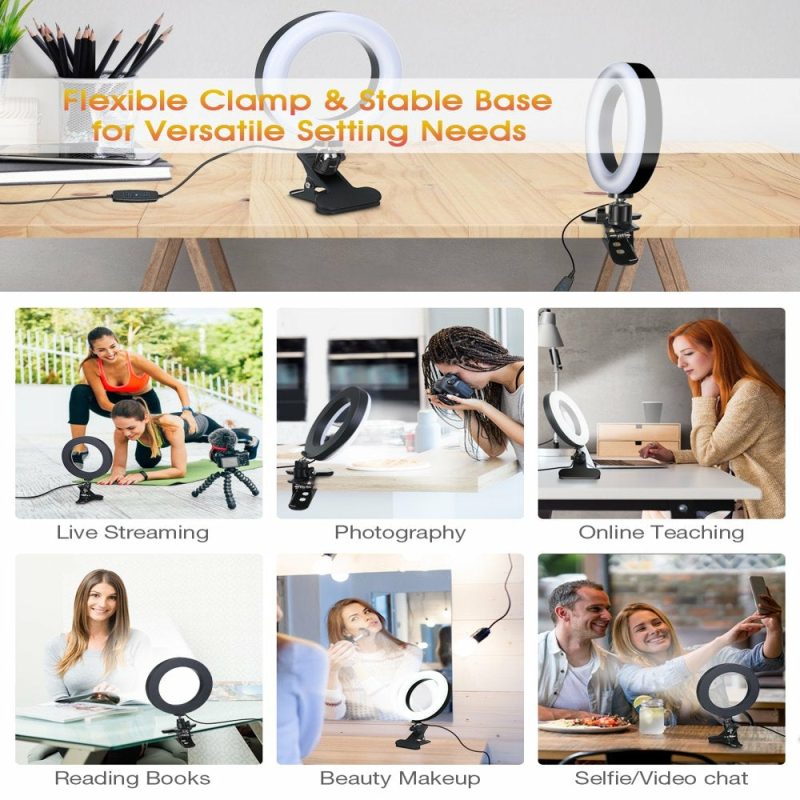 Education & Crafts |  6.3" Selfie Ring Light With Clamp Mount For Desk, Bed, Office, Makeup, Youtube, Video, Live Steam & Broadcast, 3 Dimmable Color & 10 Brightness , 360 Degrees Rotatable Education & Crafts Education & Crafts