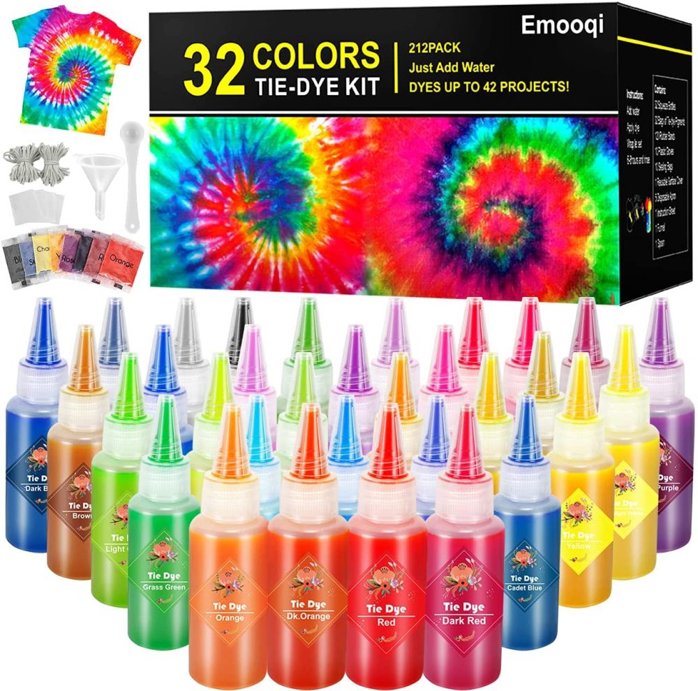 Fabric Painting & Dyeing |  Diy Tie Dye Kits, Emooqi 32 Colours All-In-1 Tie Dye Set Contain 32 Bag Pigments, Rubber Bands, Gloves, Sealed Bag, Apron And Table Covers Arts, Crafts & Sewing Emooqi