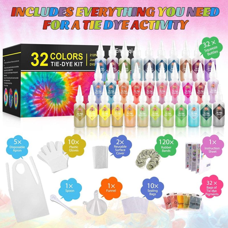 Fabric Painting & Dyeing |  Diy Tie Dye Kits, Emooqi 32 Colours All-In-1 Tie Dye Set Contain 32 Bag Pigments, Rubber Bands, Gloves, Sealed Bag, Apron And Table Covers Arts, Crafts & Sewing Emooqi