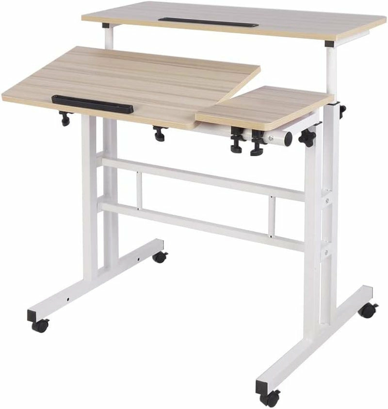 Furniture |  Adjustable Rolling Desk Standing Desk, Dlandhome Sit-Stand Desk Cart Mobile Computer Desk Stand Up Desk Office Desk Riser Standing Table Workstation Mobile Desk, Maple Education & Crafts black