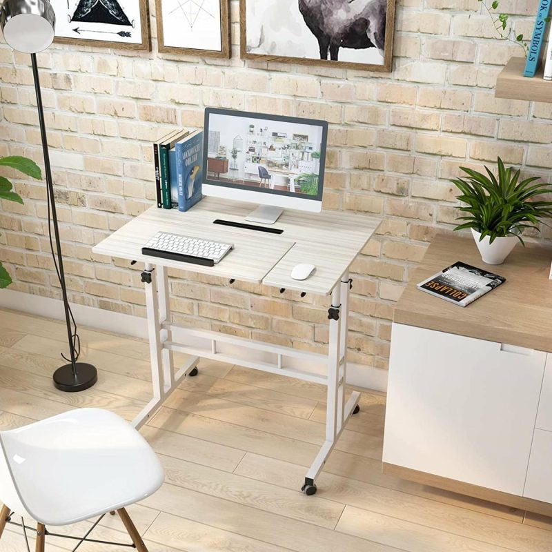 Furniture |  Adjustable Rolling Desk Standing Desk, Dlandhome Sit-Stand Desk Cart Mobile Computer Desk Stand Up Desk Office Desk Riser Standing Table Workstation Mobile Desk, Maple Education & Crafts black