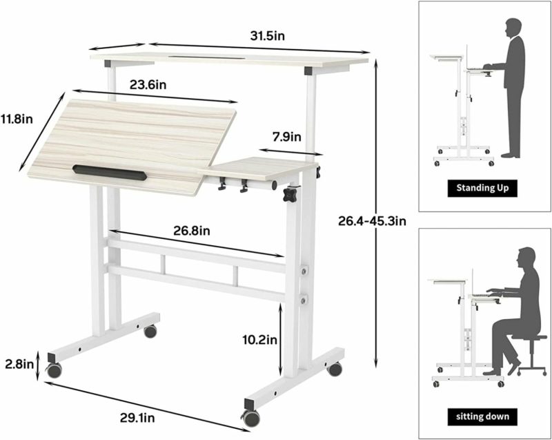 Furniture |  Adjustable Rolling Desk Standing Desk, Dlandhome Sit-Stand Desk Cart Mobile Computer Desk Stand Up Desk Office Desk Riser Standing Table Workstation Mobile Desk, Maple Education & Crafts black