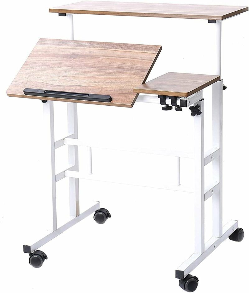 Furniture |  Adjustable Rolling Desk Standing Desk, Dlandhome Sit-Stand Desk Cart Mobile Computer Desk Stand Up Desk Office Desk Riser Standing Table Workstation Mobile Desk, Maple Education & Crafts black