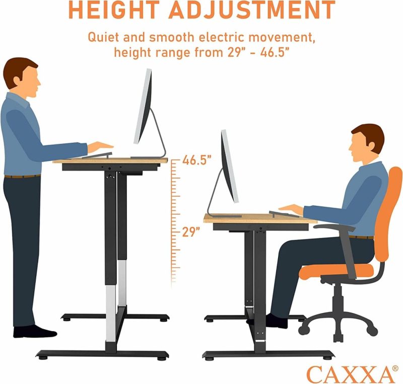 Furniture |  Height Adjustable Computer Desk Electric, 48 X 24 Inches, Black Frame Teak Tabletop Furniture CAXXA