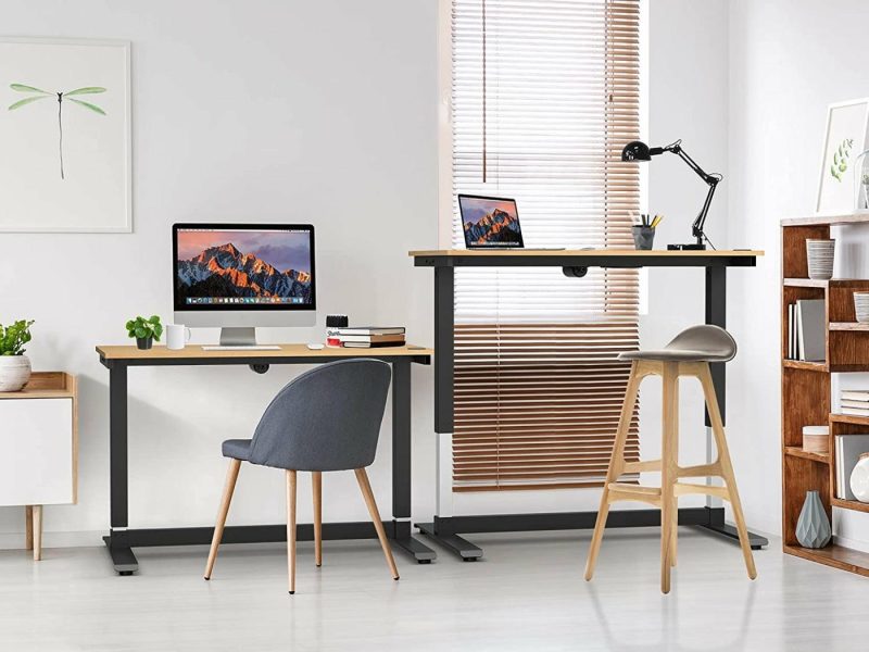 Furniture |  Height Adjustable Computer Desk Electric, 48 X 24 Inches, Black Frame Teak Tabletop Furniture CAXXA