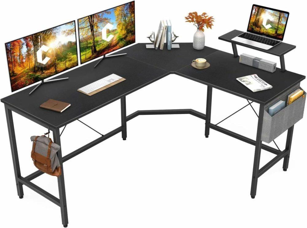 Furniture |  Modern L-Shaped Computer Office Desk, Corner Gaming Desk With Monitor Stand, Home Office Study Writing Table Workstation For Small Spaces, Black Education & Crafts black