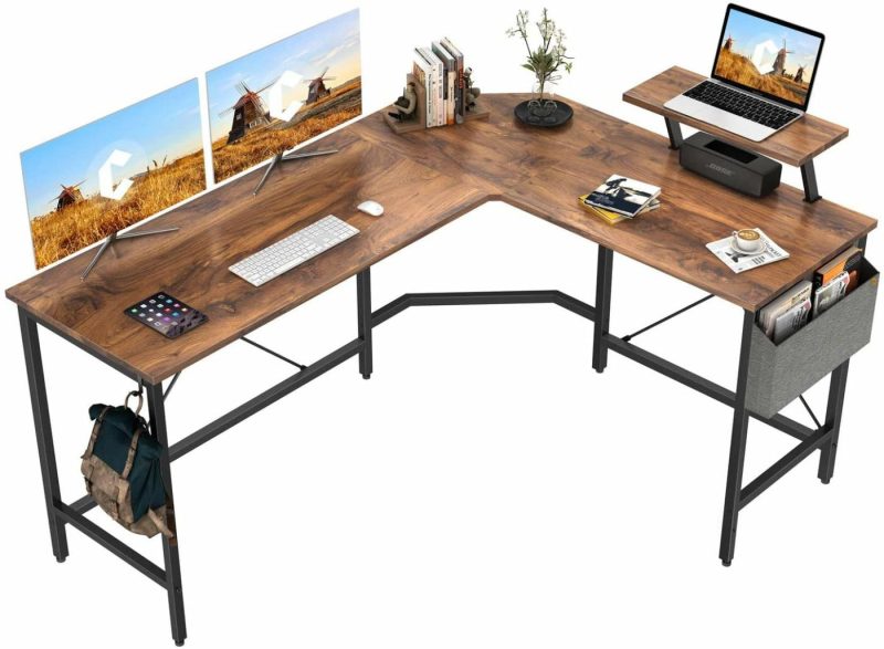 Furniture |  Modern L-Shaped Computer Office Desk, Corner Gaming Desk With Monitor Stand, Home Office Study Writing Table Workstation For Small Spaces, Black Education & Crafts black