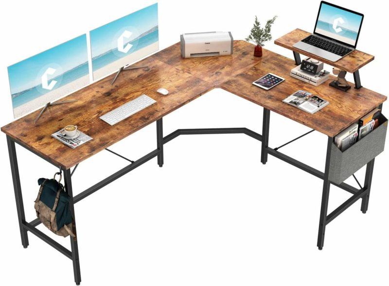 Furniture |  Modern L-Shaped Computer Office Desk, Corner Gaming Desk With Monitor Stand, Home Office Study Writing Table Workstation For Small Spaces, Black Education & Crafts black