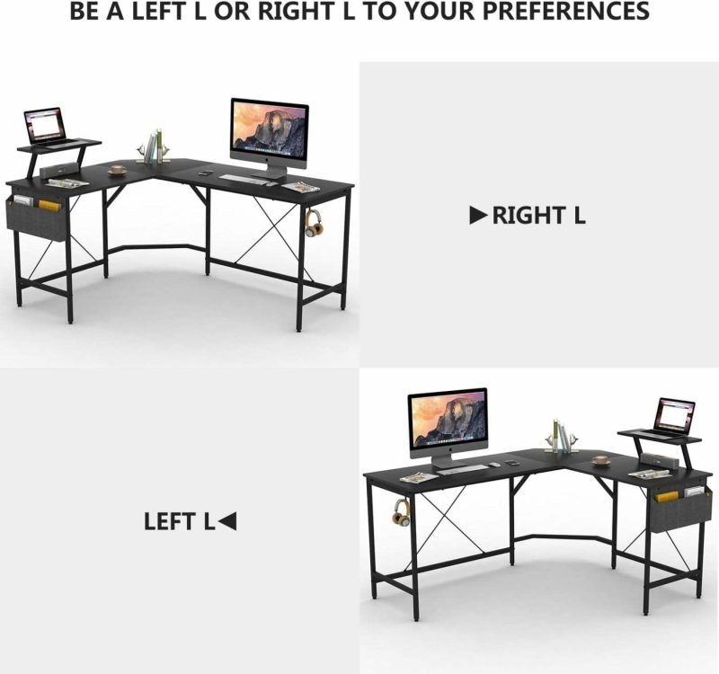 Furniture |  Modern L-Shaped Computer Office Desk, Corner Gaming Desk With Monitor Stand, Home Office Study Writing Table Workstation For Small Spaces, Black Education & Crafts black