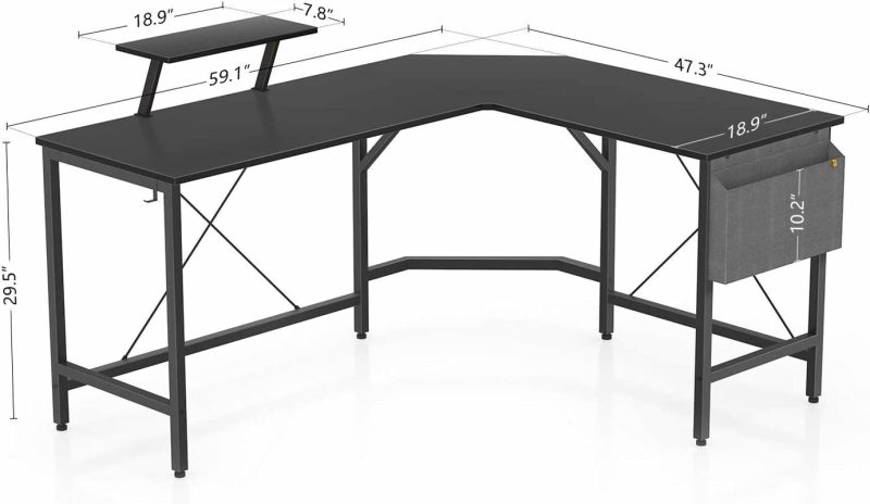 Furniture |  Modern L-Shaped Computer Office Desk, Corner Gaming Desk With Monitor Stand, Home Office Study Writing Table Workstation For Small Spaces, Black Education & Crafts black