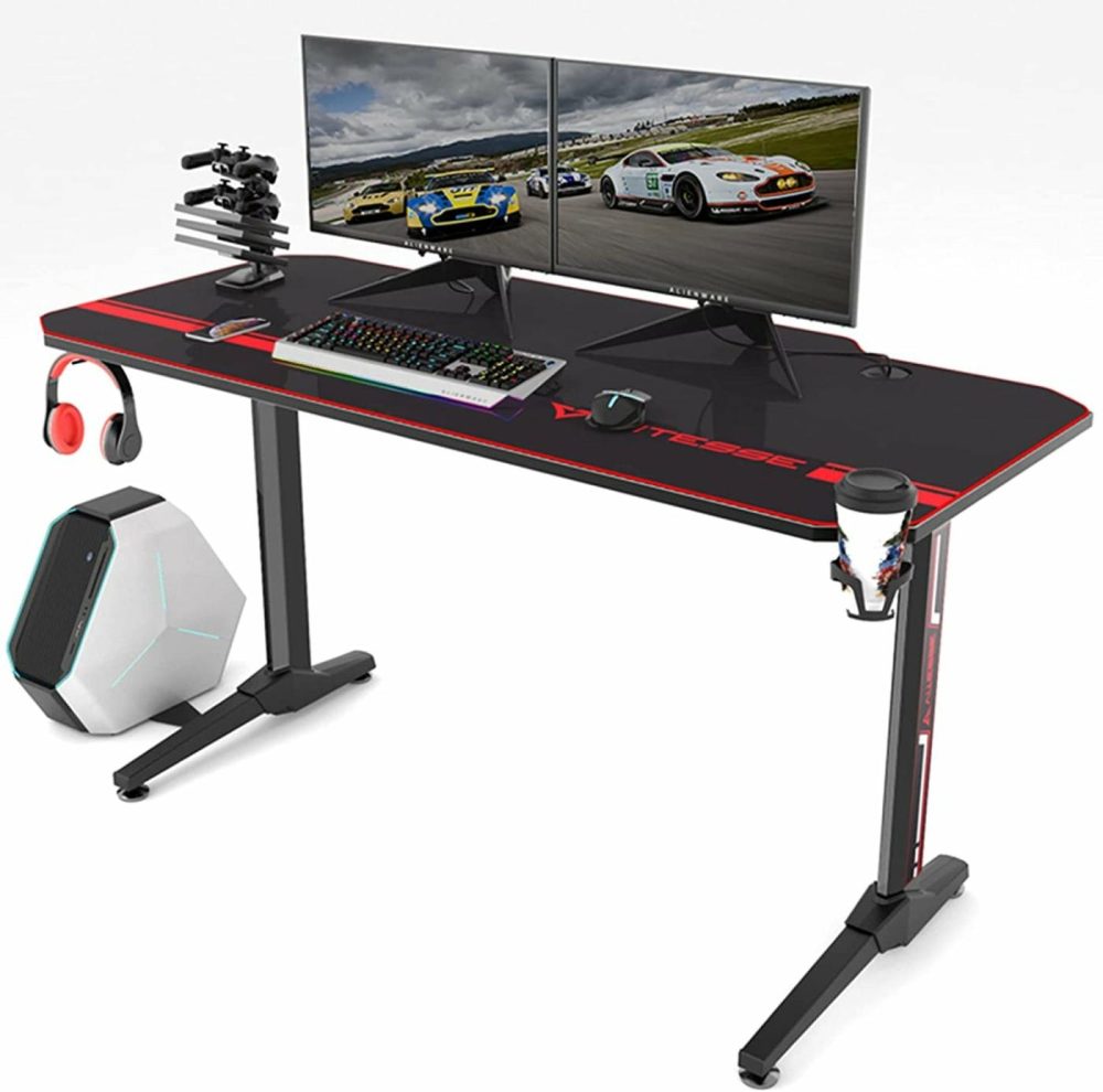 Furniture |  Vits Gaming Desk 55 Inch, Gaming Computer Desk, Pc Gaming Table, T Shaped Racing Style Professional Gamer Game Station With Full Mouse Pad, Gaming Handle Rack, Cup Holder Headphone Hook Furniture Carbon Fiber Black