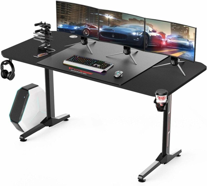 Furniture |  Vits Gaming Desk 55 Inch, Gaming Computer Desk, Pc Gaming Table, T Shaped Racing Style Professional Gamer Game Station With Full Mouse Pad, Gaming Handle Rack, Cup Holder Headphone Hook Furniture Carbon Fiber Black