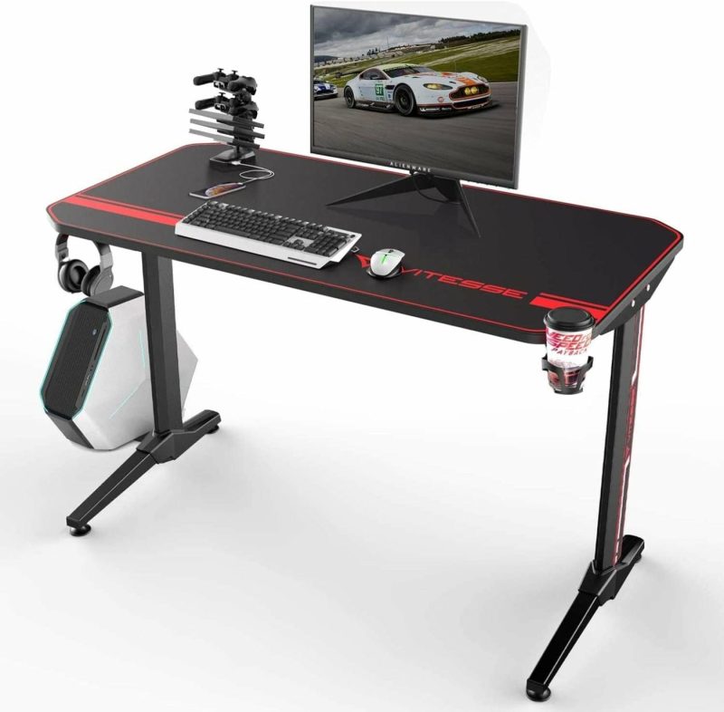 Furniture |  Vits Gaming Desk 55 Inch, Gaming Computer Desk, Pc Gaming Table, T Shaped Racing Style Professional Gamer Game Station With Full Mouse Pad, Gaming Handle Rack, Cup Holder Headphone Hook Furniture Carbon Fiber Black