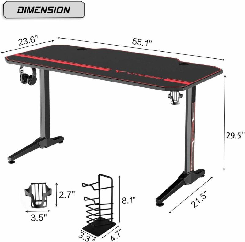 Furniture |  Vits Gaming Desk 55 Inch, Gaming Computer Desk, Pc Gaming Table, T Shaped Racing Style Professional Gamer Game Station With Full Mouse Pad, Gaming Handle Rack, Cup Holder Headphone Hook Furniture Carbon Fiber Black