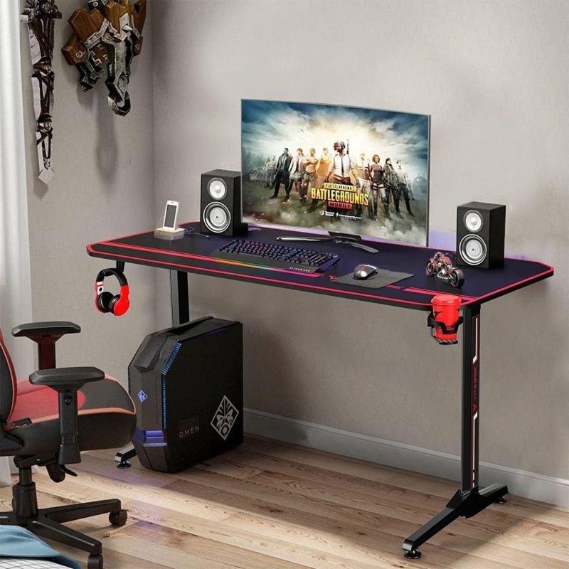 Furniture |  Vits Gaming Desk 55 Inch, Gaming Computer Desk, Pc Gaming Table, T Shaped Racing Style Professional Gamer Game Station With Full Mouse Pad, Gaming Handle Rack, Cup Holder Headphone Hook Furniture Carbon Fiber Black