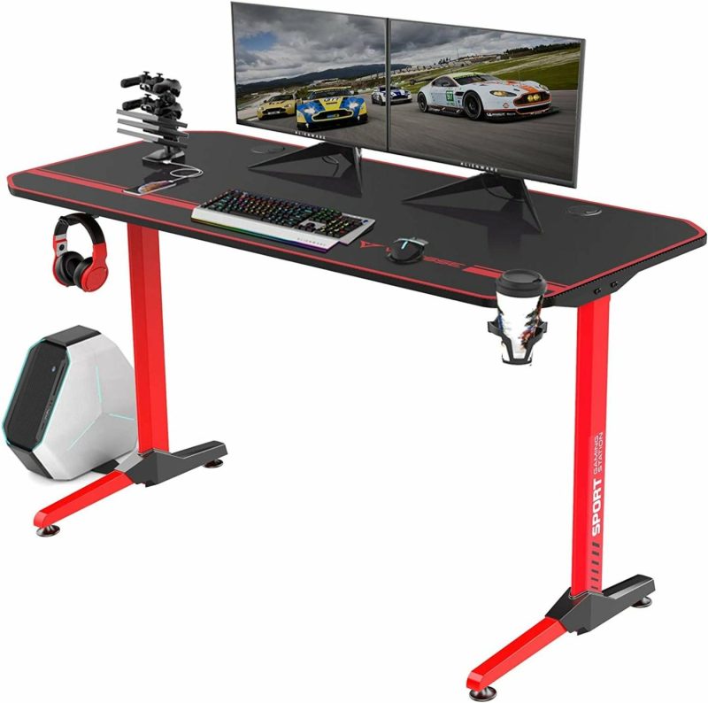 Furniture |  Vits Gaming Desk 55 Inch, Gaming Computer Desk, Pc Gaming Table, T Shaped Racing Style Professional Gamer Game Station With Full Mouse Pad, Gaming Handle Rack, Cup Holder Headphone Hook Furniture Carbon Fiber Black