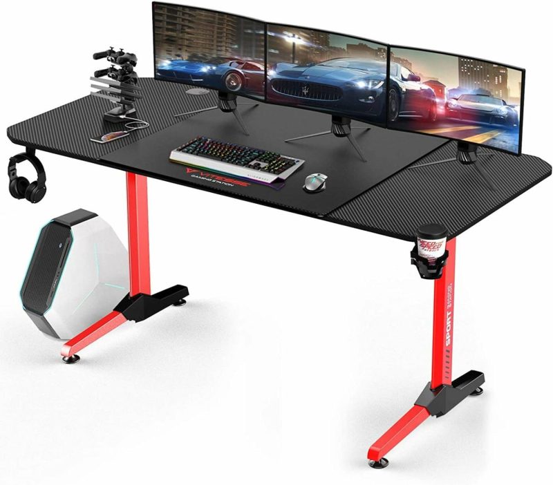 Furniture |  Vits Gaming Desk 55 Inch, Gaming Computer Desk, Pc Gaming Table, T Shaped Racing Style Professional Gamer Game Station With Full Mouse Pad, Gaming Handle Rack, Cup Holder Headphone Hook Furniture Carbon Fiber Black