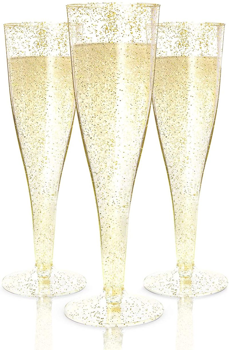 Glassware & Drinkware |  24 Plastic Champagne Flutes Disposable | Gold Glitter Plastic Champagne Glasses For Parties | Glitter Clear Plastic Cups | Plastic Toasting Glasses | Mimosa | Wedding And Shower Party Supplies Bar Tools & Drinkware Bar Tools & Drinkware