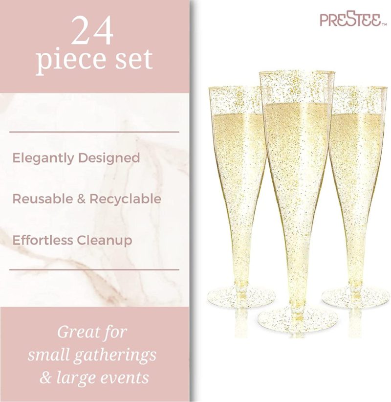 Glassware & Drinkware |  24 Plastic Champagne Flutes Disposable | Gold Glitter Plastic Champagne Glasses For Parties | Glitter Clear Plastic Cups | Plastic Toasting Glasses | Mimosa | Wedding And Shower Party Supplies Bar Tools & Drinkware Bar Tools & Drinkware