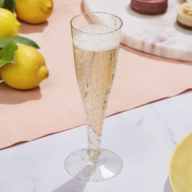 Glassware & Drinkware |  24 Plastic Champagne Flutes Disposable | Gold Glitter Plastic Champagne Glasses For Parties | Glitter Clear Plastic Cups | Plastic Toasting Glasses | Mimosa | Wedding And Shower Party Supplies Bar Tools & Drinkware Bar Tools & Drinkware