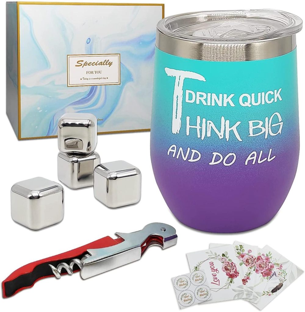 Glassware & Drinkware |  Gifts For, Tumbler Birthday Gift Set With Inspiration Saying For Mom Friends Sister Lover, 12 Oz Insulated Wine Glass Come With Bottle Opener, Ice Cubes And Greeting Cards Bar Tools & Drinkware Bar Tools & Drinkware