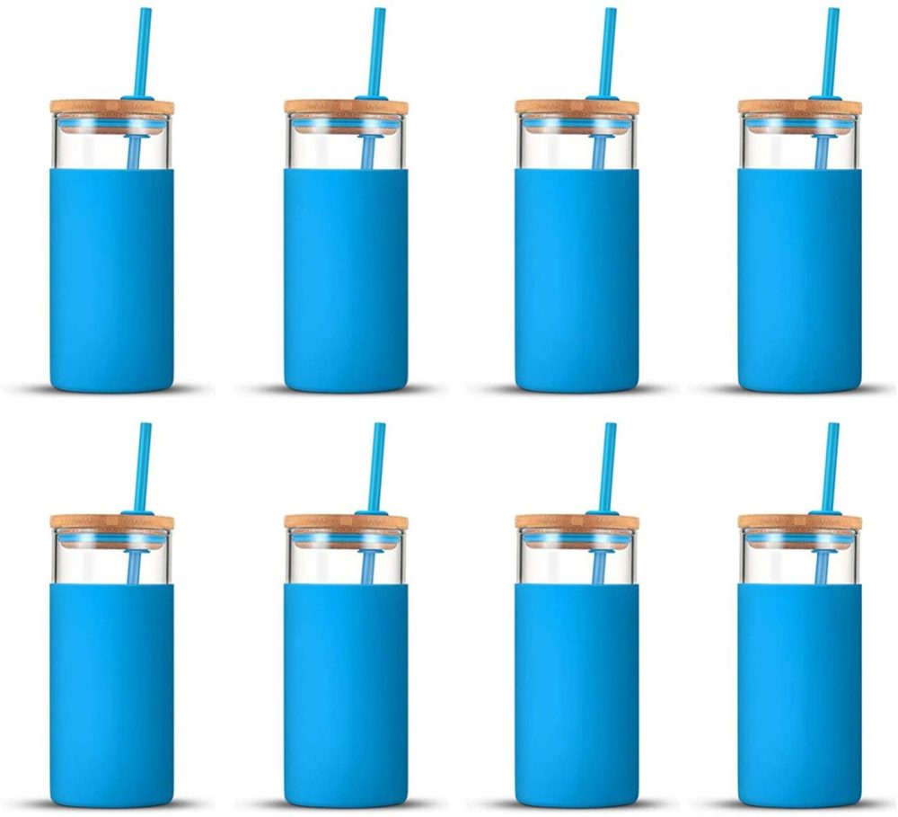 Glassware & Drinkware |  Tronco 20Oz Glass Tumbler Glass Water Bottle Straw Silicone Protective Sleeve Bamboo Lid – Bpa Free (Blue/ 8-Pack) Bar Tools & Drinkware Bar Tools & Drinkware