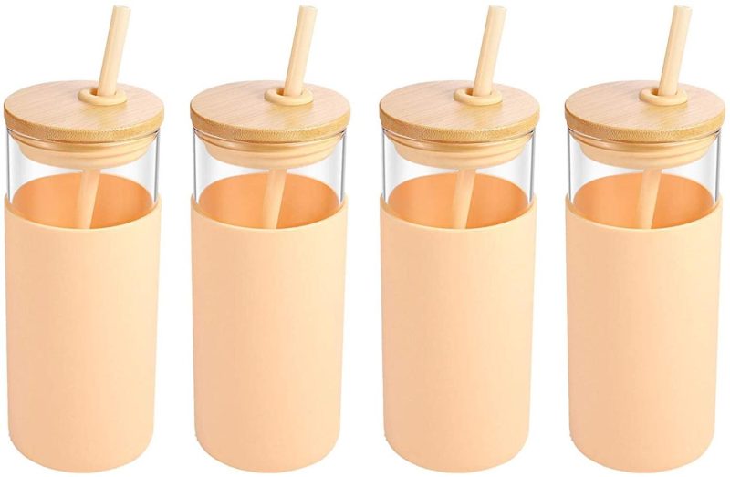 Glassware & Drinkware |  Tronco 20Oz Glass Tumbler Glass Water Bottle Straw Silicone Protective Sleeve Bamboo Lid – Bpa Free (Light Ambe-4-Pack) Bar Tools & Drinkware Bar Tools & Drinkware