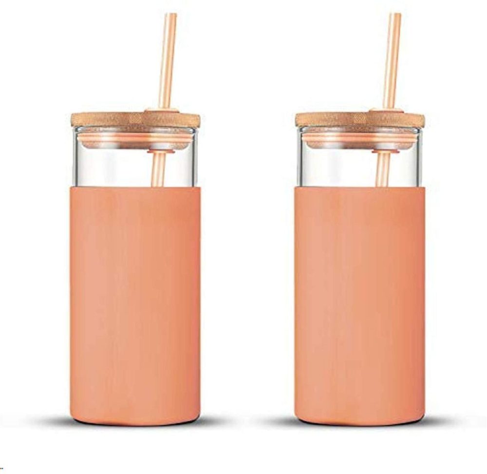 Glassware & Drinkware |  Tronco 20Oz Glass Tumbler Glass Water Bottle Straw Silicone Protective Sleeve Bamboo Lid – Bpa Free (Papaya/2-Pack) Bar Tools & Drinkware Bar Tools & Drinkware