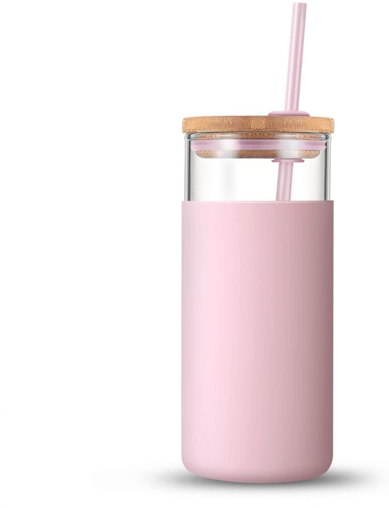 Glassware & Drinkware |  Tronco 20Oz Glass Tumbler Glass Water Bottle Straw Silicone Protective Sleeve Bamboo Lid – Bpa Free (Pink) Bar Tools & Drinkware Bar Tools & Drinkware