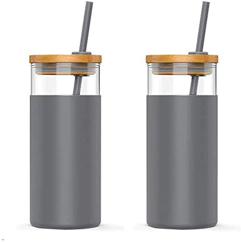 Glassware & Drinkware |  Tronco 20Oz Glass Tumbler Straw Silicone Protective Sleeve Bamboo Lid – Bpa Free (Charcoal Grey/ 2-Pack) Bar Tools & Drinkware Bar Tools & Drinkware