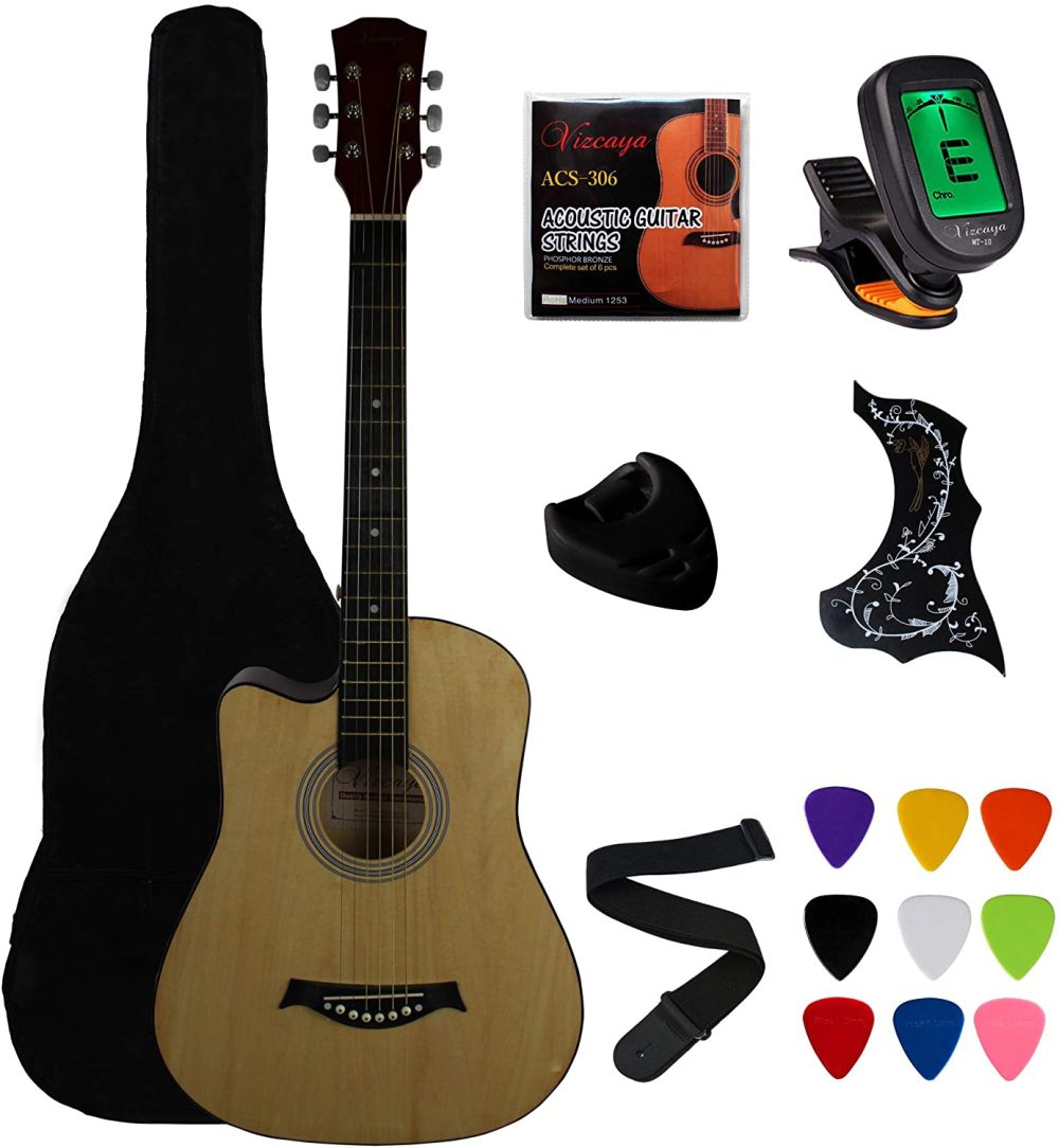 Guitars |  Vizcaya 38" Cutaway Natural Beginner Left-Handed Acoustic Guitar Starter Package Student Guitar With Gig Bag,Strap, Picks, Extra Strings, Electronic Tuner -Natural Cutaway Left-Handed Guitars Guitars