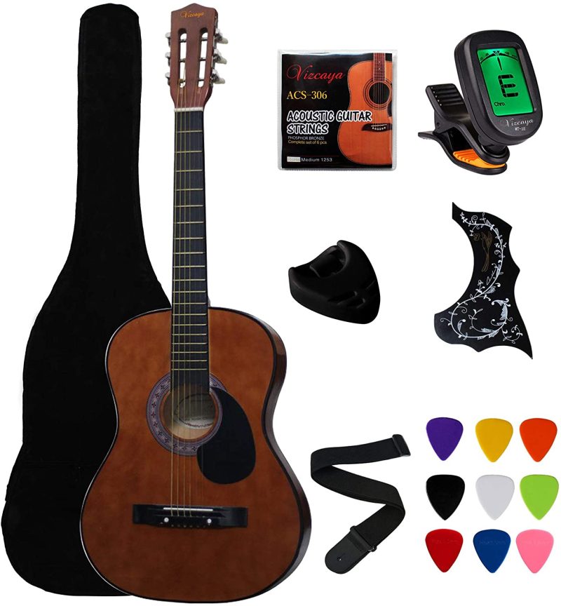 Guitars |  Vizcaya 38" Cutaway Natural Beginner Left-Handed Acoustic Guitar Starter Package Student Guitar With Gig Bag,Strap, Picks, Extra Strings, Electronic Tuner -Natural Cutaway Left-Handed Guitars Guitars