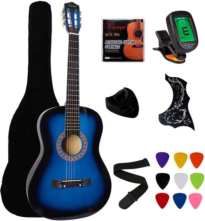 Guitars |  Vizcaya 38" Cutaway Natural Beginner Left-Handed Acoustic Guitar Starter Package Student Guitar With Gig Bag,Strap, Picks, Extra Strings, Electronic Tuner -Natural Cutaway Left-Handed Guitars Guitars