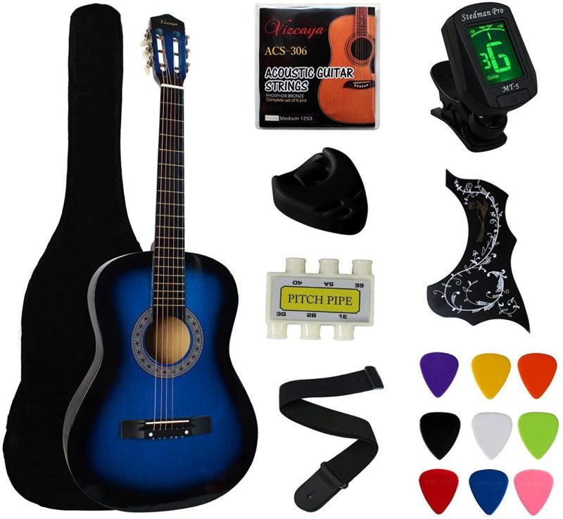 Guitars |  Ymc 38" Blue Beginner Acoustic Guitar Starter Package Student Guitar With Gig Bag,Strap, 3 Thickness 9 Picks,2 Pickguards,Pick Holder, Extra Strings, Electronic Tuner Guitars Blue