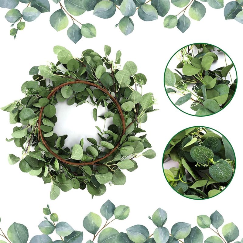 Home Décor |  20 Inch Artificial Eucalyptus Wreath Green Eucalyptus Leaves Garland Hanging Greenery Wreath Ornament For Front Door Wall Window Indoor Outdoor Home Décor Home Décor