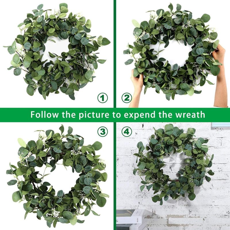 Home Décor |  20 Inch Artificial Eucalyptus Wreath Green Eucalyptus Leaves Garland Hanging Greenery Wreath Ornament For Front Door Wall Window Indoor Outdoor Home Décor Home Décor