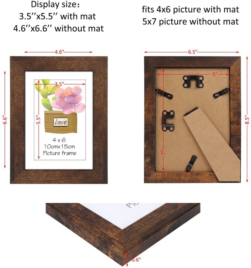 Home Décor |  4X6 Picture Frame Set Of 4, Display Photo 4X6 With Mat Or 5X7 Without Mat, Wooden Rustic Picture Frames For Tabletop Or Wall Mounting, Brown Home Décor Home Décor