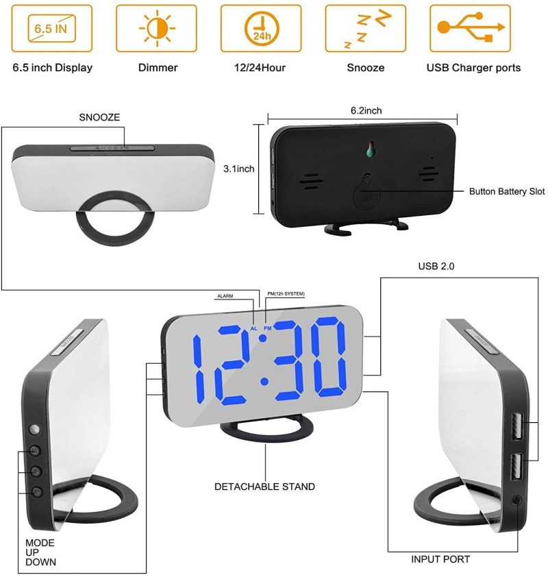 Home Décor |  Alarm Clock For Bedroom,Led And Mirror Digital Clocks Large Display, With 2 Usb Charger Ports,Auto Dim,Snooze Function,Modern Desk/Wall Clock For Home Living Room Decor – Navy Blue Home Décor Home Décor