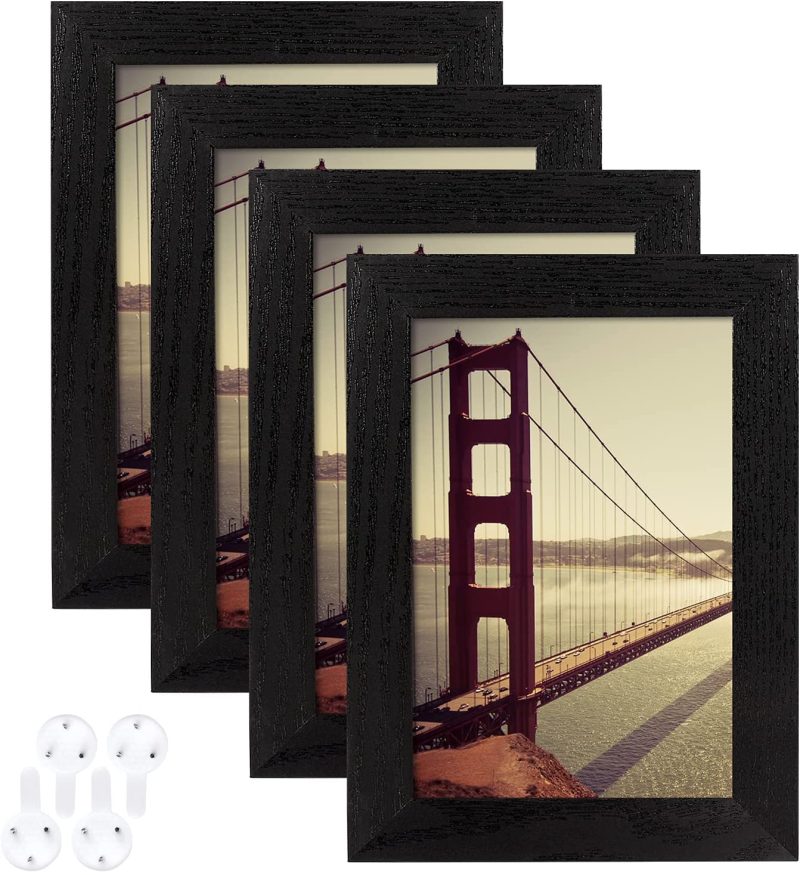 Home Décor |  Baijiali 4X6 Picture Frame Black Wood Pattern Set Of 4 With Tempered Glass,Display Pictures 3.5X5 With Mat Or 4X6 Without Mat, Horizontal And Vertical Formats For Wall And Table Mounting Home Décor BAIJIALI