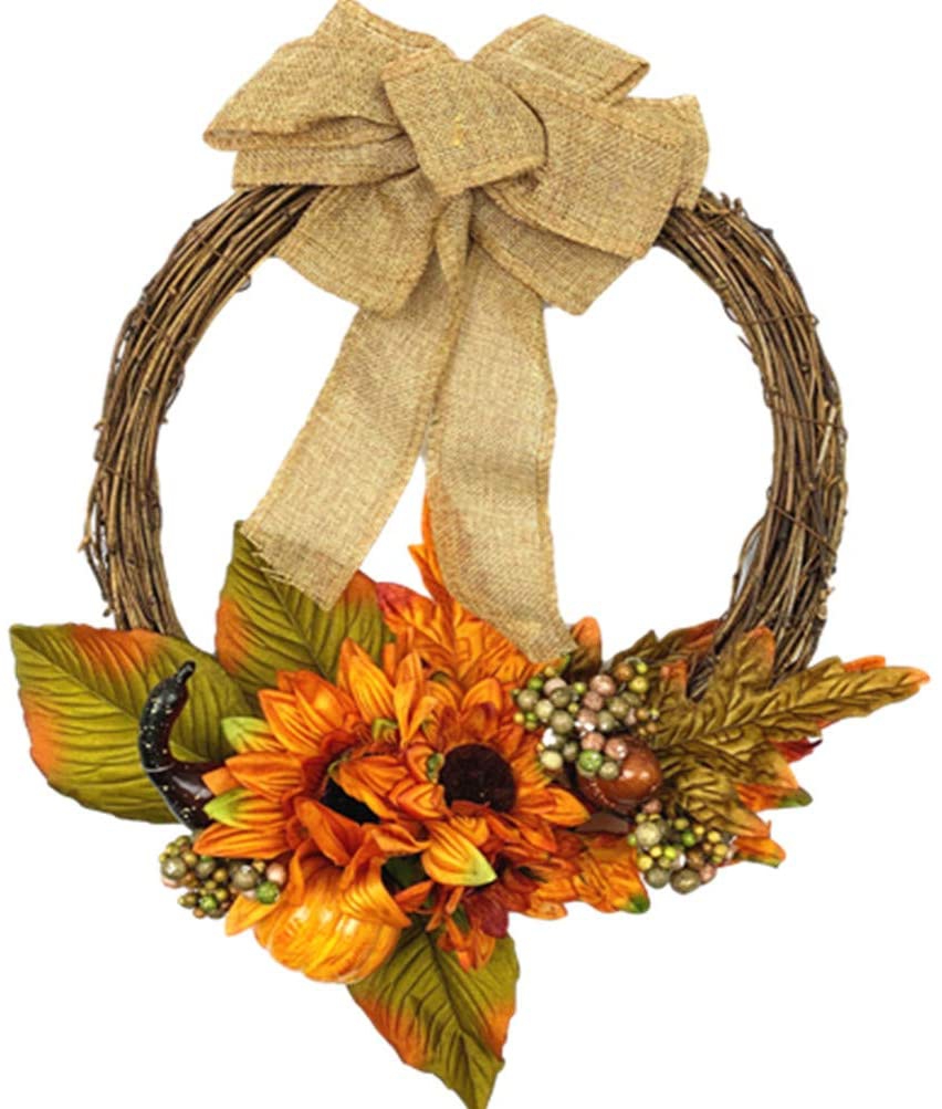 Home Décor |  Bestroyal Autumn Sunflower Pumpkin Wreath, Harvest Thanksgiving Garland Fall Flower Halloween Wreath With White Berry, Rattan Base, 14 Inch Home Décor BestRoyal