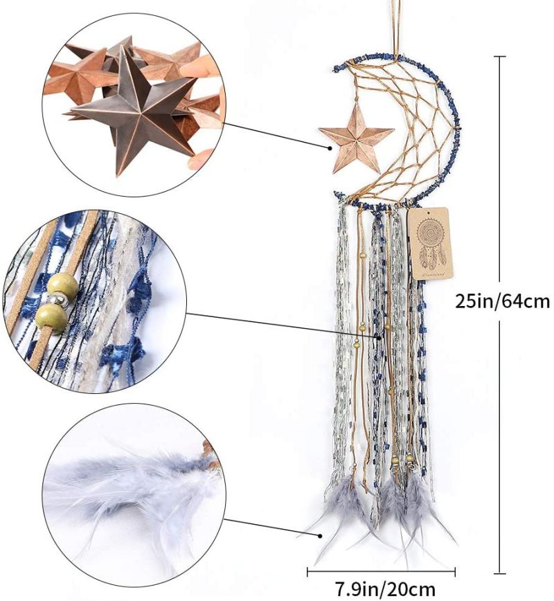 Home Décor |  Dremisland Blue Dream Catcher Handmade Half Circle Moon Design Dream Catcher Feather Hanging With Star Home Decoration Ornament Festival Gift (Moon& Star) Home Décor A-blue Moon& Star