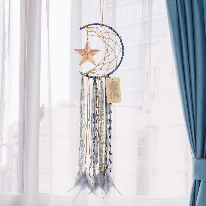 Home Décor |  Dremisland Blue Dream Catcher Handmade Half Circle Moon Design Dream Catcher Feather Hanging With Star Home Decoration Ornament Festival Gift (Moon& Star) Home Décor A-blue Moon& Star